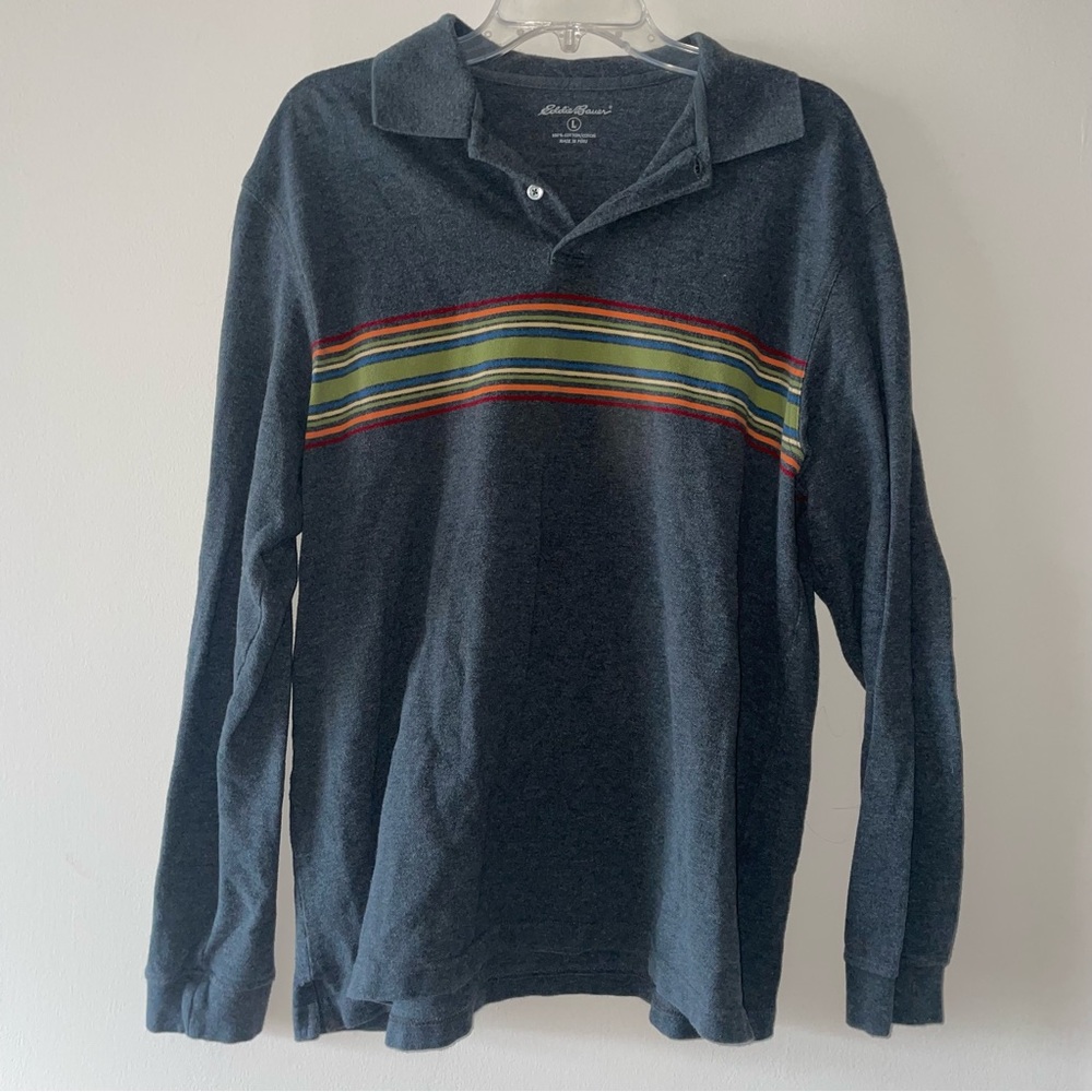 Eddie Bauer L Dark Grey Pullover With Rainbow Stripe 1/4 Button Up 100% Cotton